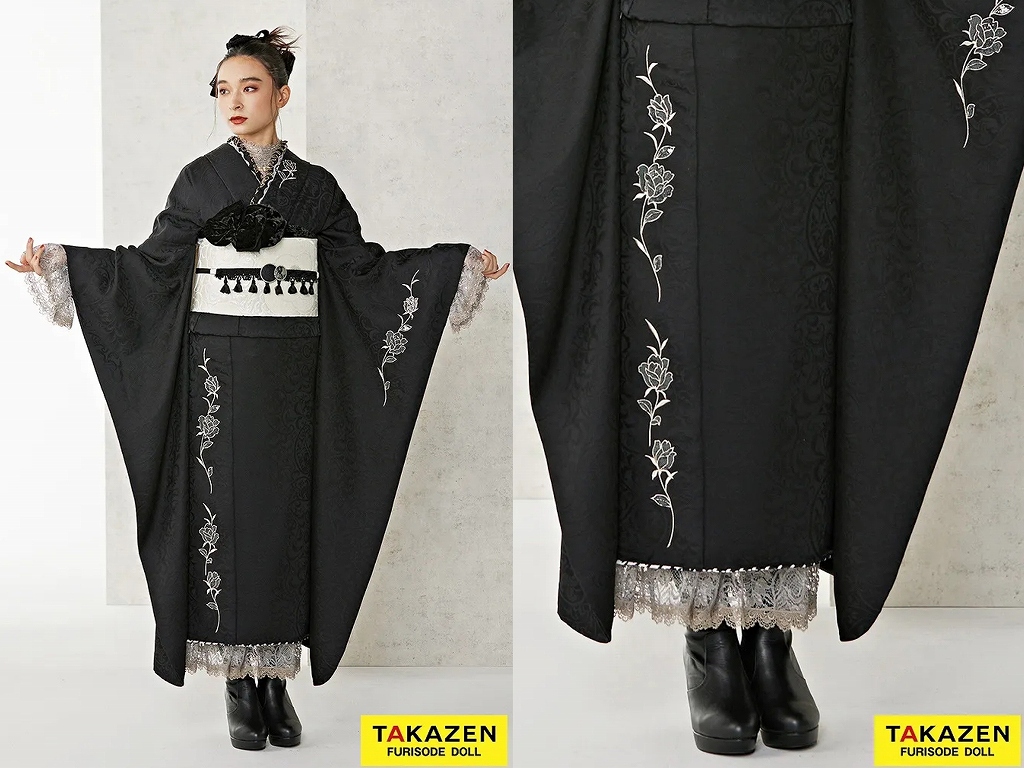振袖　レンタル　奈良　振袖安い　ヴィンテージスタイル　ブラック/黒ベース　ワンポイント刺繍　人と被らない　シンプル振袖　おしゃれな着こなし　レースインナー/ブーツスタイル