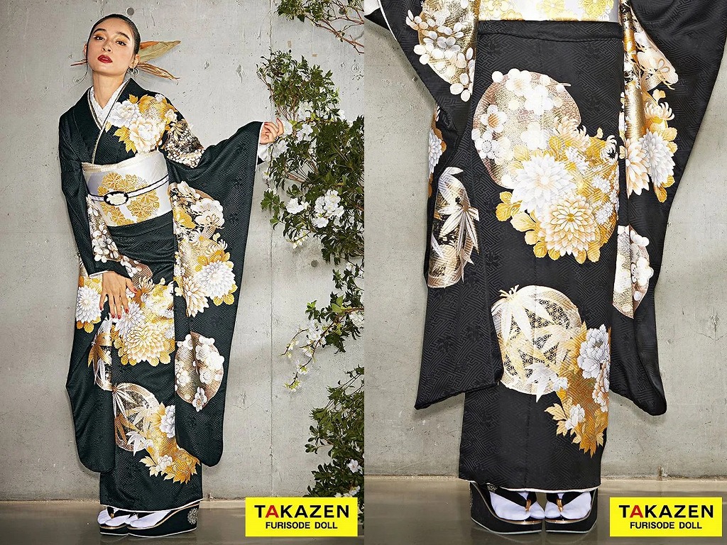 振袖　レンタル　奈良　振袖安い　粋古典　黒地/金/ゴールド　菊柄　シンプル振袖　シック　大人っぽい　モダン　クール
