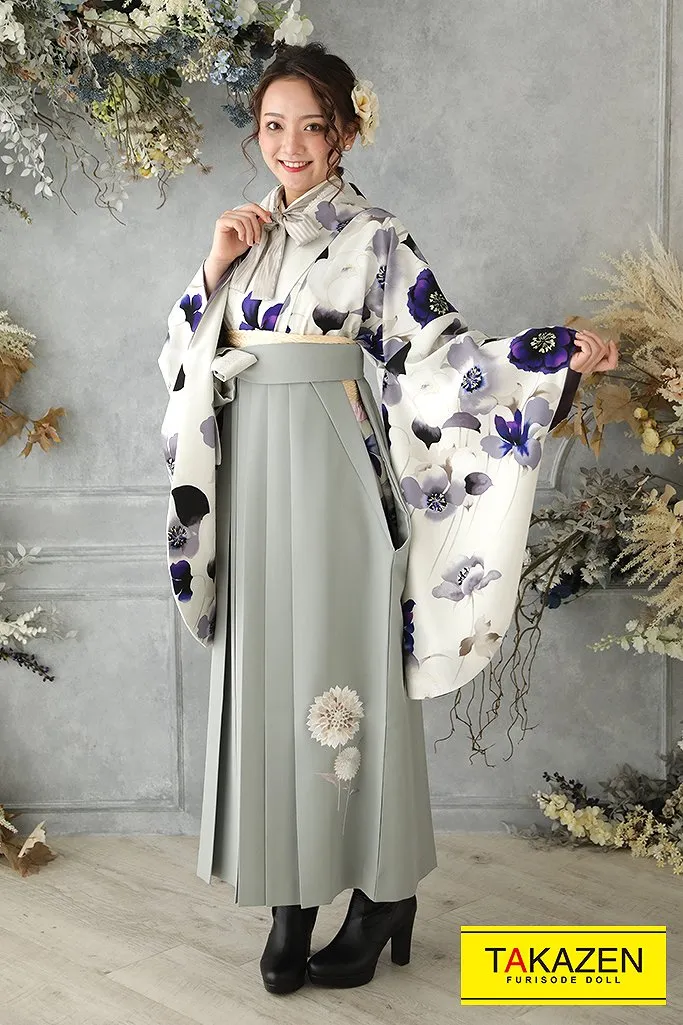 袴　レンタル　青　カワイイ　水墨画風