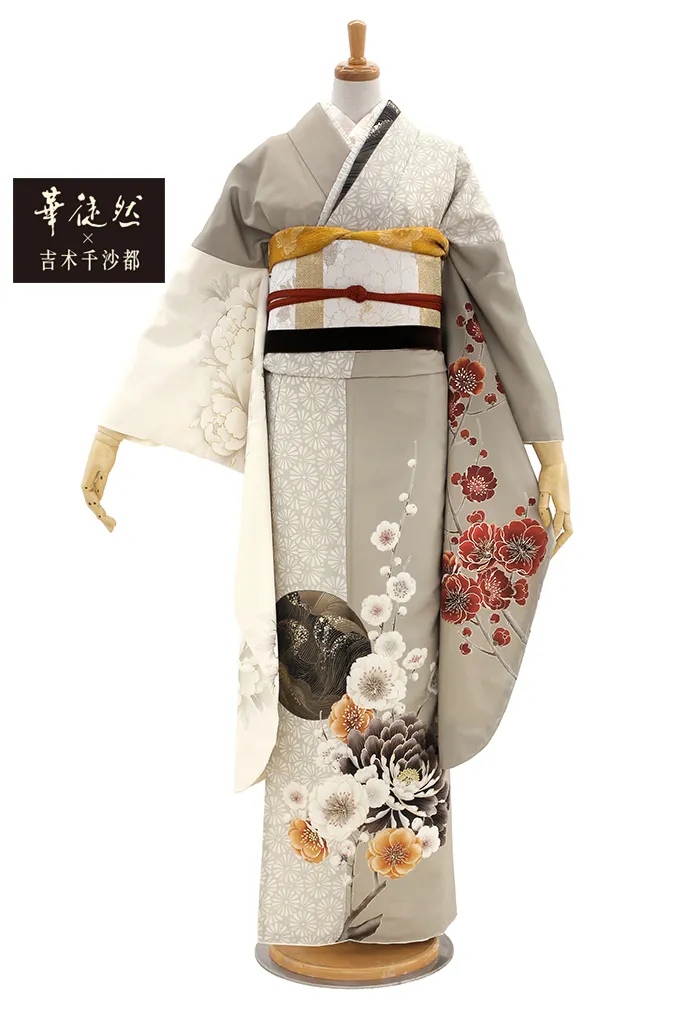 TAKAZENのレンタル振袖 華徒然×吉木千沙都　ベージュ　桜柄/ボタン柄　流行　上品　シンプル【通販可】K1129