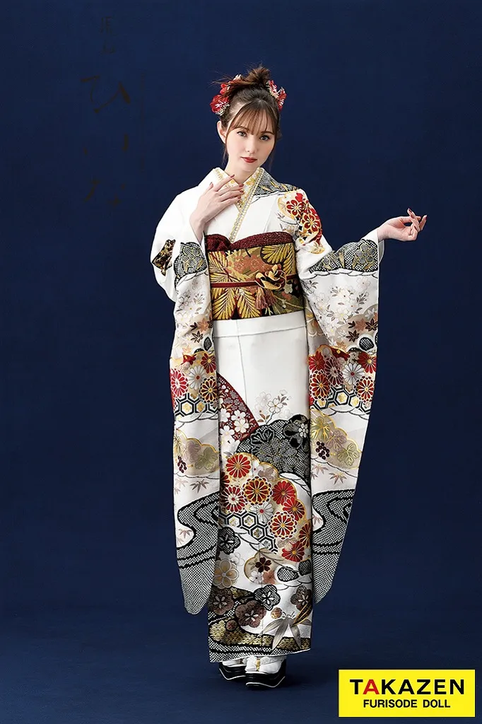 TAKAZENのレンタル振袖 正統派古典/ひいな　白　松竹梅/菊　清楚　綺麗　大人っぽい　上品　マーシュ彩【通販可】K1143
