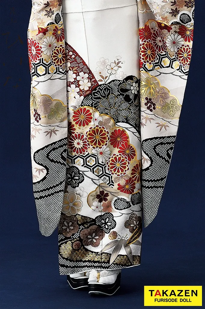 TAKAZENのレンタル振袖 正統派古典/ひいな　白　松竹梅/菊　清楚　綺麗　大人っぽい　上品　マーシュ彩【通販可】K1143
