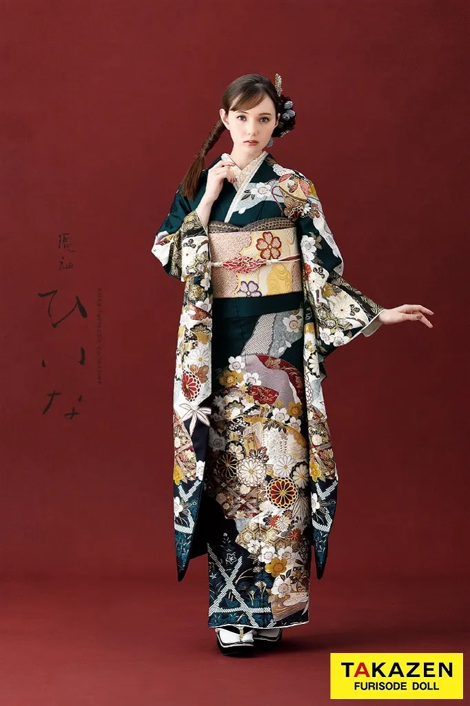 TAKAZENのレンタル振袖 正統派古典/ひいな　紺/ネイビー　地紙に菊桜散らし　大人っぽい　クラシック　王道　上品　マーシュ彩【通販可】K1145