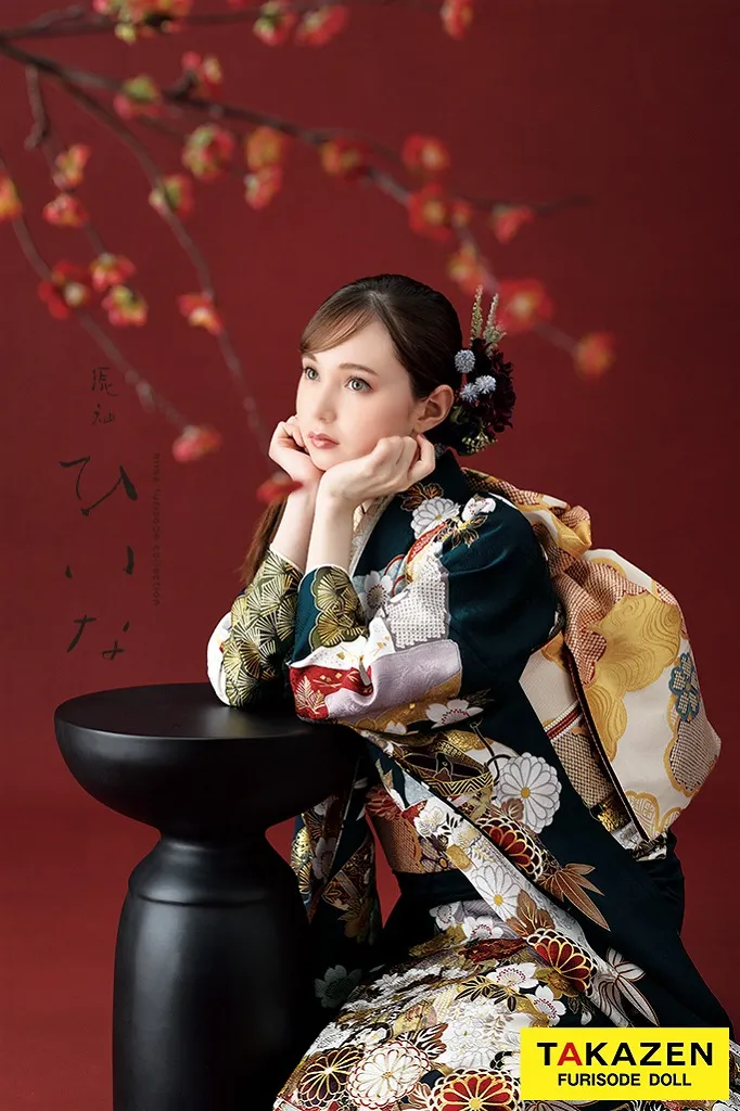TAKAZENのレンタル振袖 正統派古典/ひいな 紺/ネイビー 地紙に菊桜散らし 大人っぽい クラシック 王道 上品 マーシュ彩【通販可】K1145