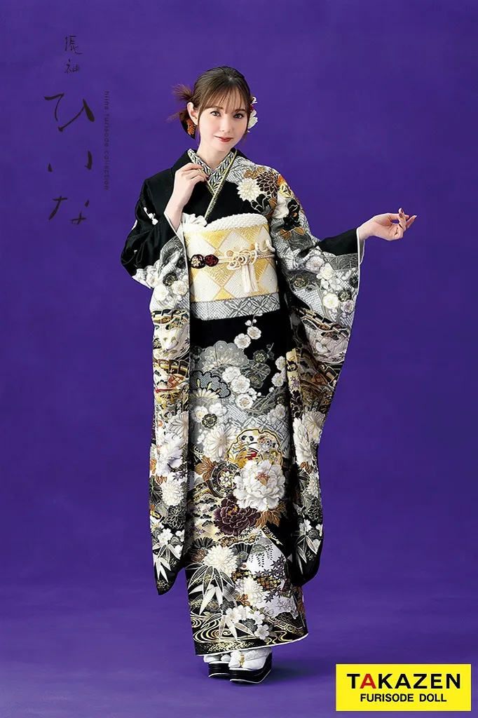 TAKAZENのレンタル振袖 正統派古典/ひいな　黒　牡丹に鼓檜扇紋様　大人っぽい　かっこいい　高級感　上品　マーシュ彩【通販可】K1146