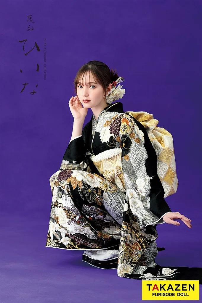 TAKAZENのレンタル振袖 正統派古典/ひいな　黒　牡丹に鼓檜扇紋様　大人っぽい　かっこいい　高級感　上品　マーシュ彩【通販可】K1146