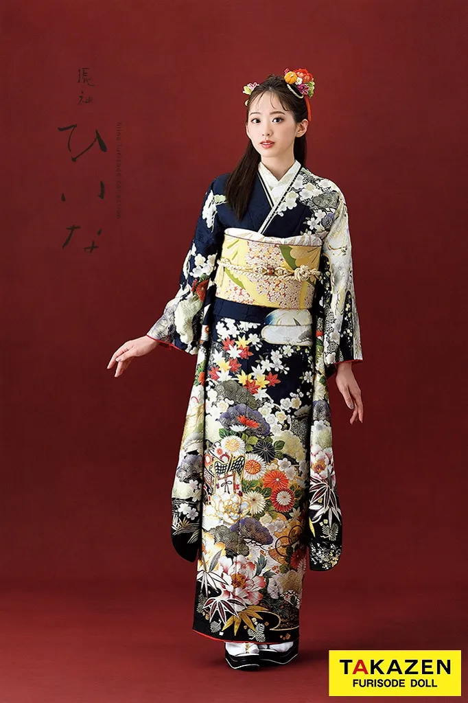 TAKAZENのレンタル振袖 正統派古典/ひいな　紺/ネイビー　御所車に四季の花　大人っぽい　かっこいい　柄小さめ　上品【通販可】K1147