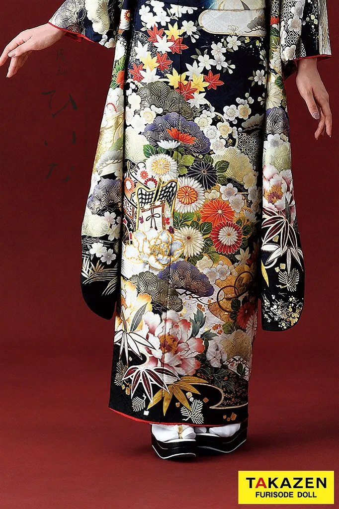 TAKAZENのレンタル振袖 正統派古典/ひいな　紺/ネイビー　御所車に四季の花　大人っぽい　かっこいい　柄小さめ　上品【通販可】K1147
