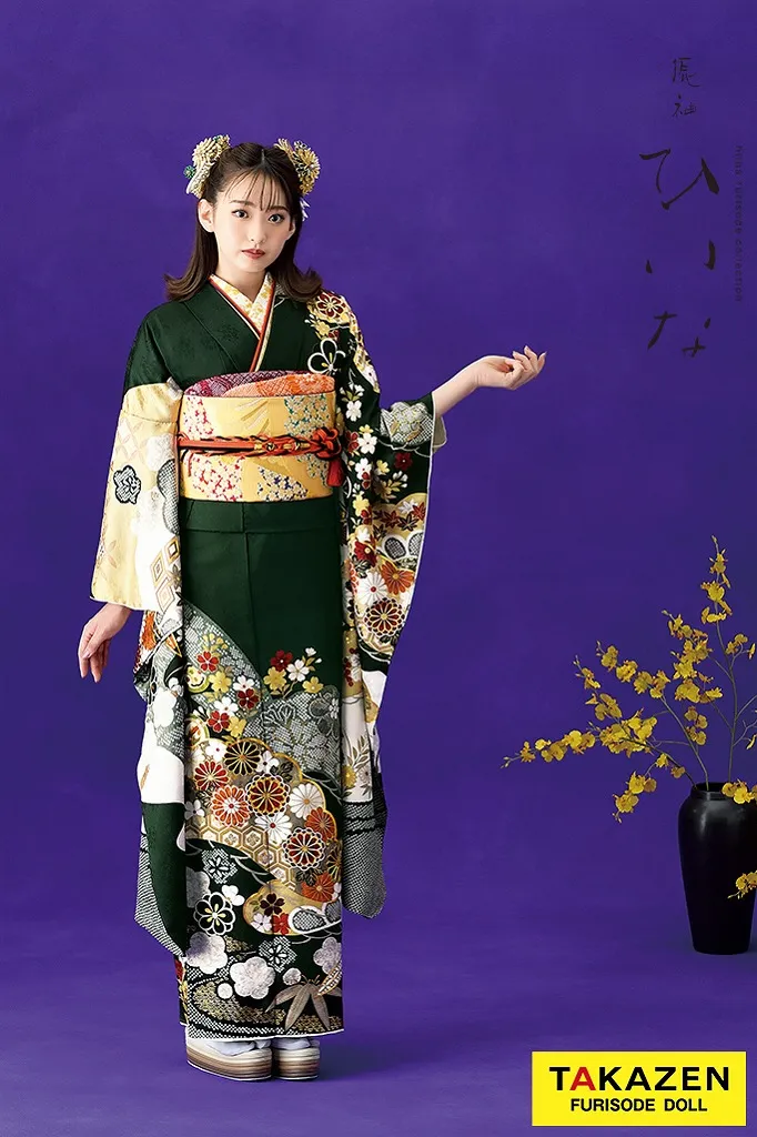 TAKAZENのレンタル振袖 正統派古典/ひいな　緑　松竹梅に菊尽くし　王道　綺麗　柄小さめ　清楚　上品【通販可】K1149