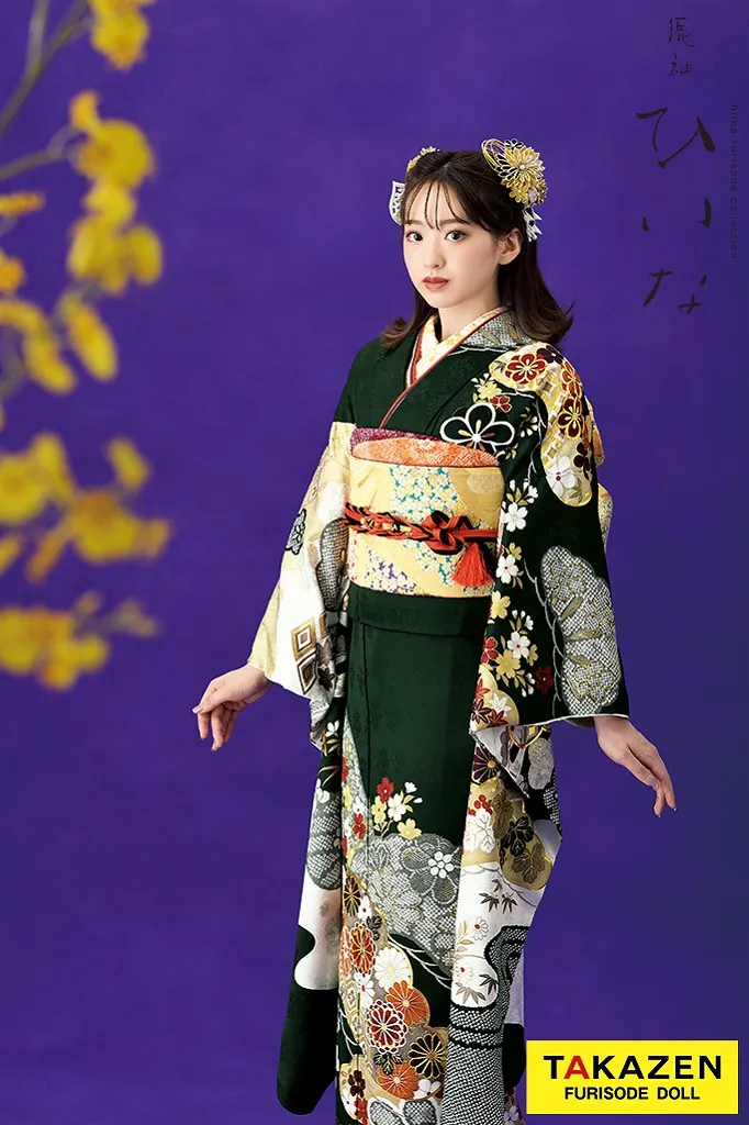 TAKAZENのレンタル振袖 正統派古典/ひいな　緑　松竹梅に菊尽くし　王道　綺麗　柄小さめ　清楚　上品【通販可】K1149