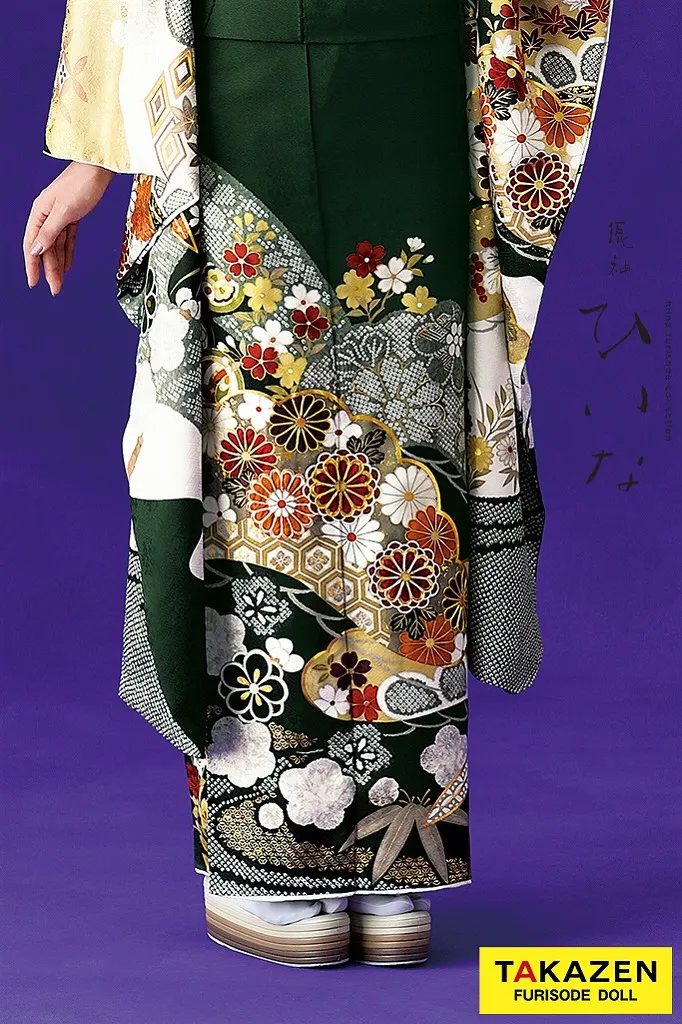 TAKAZENのレンタル振袖 正統派古典/ひいな　緑　松竹梅に菊尽くし　王道　綺麗　柄小さめ　清楚　上品【通販可】K1149