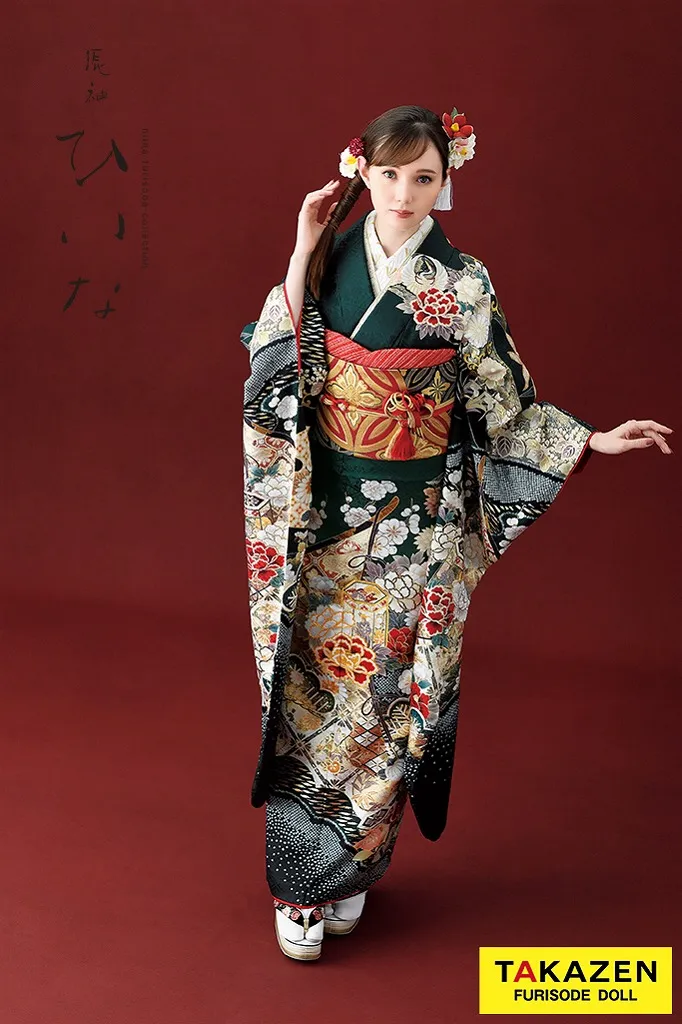 TAKAZENのレンタル振袖 正統派古典/ひいな　緑　牡丹に几帳に貝桶紋様　王道　綺麗　柄多め　清楚　上品　マーシュ彩【通販可】K1150