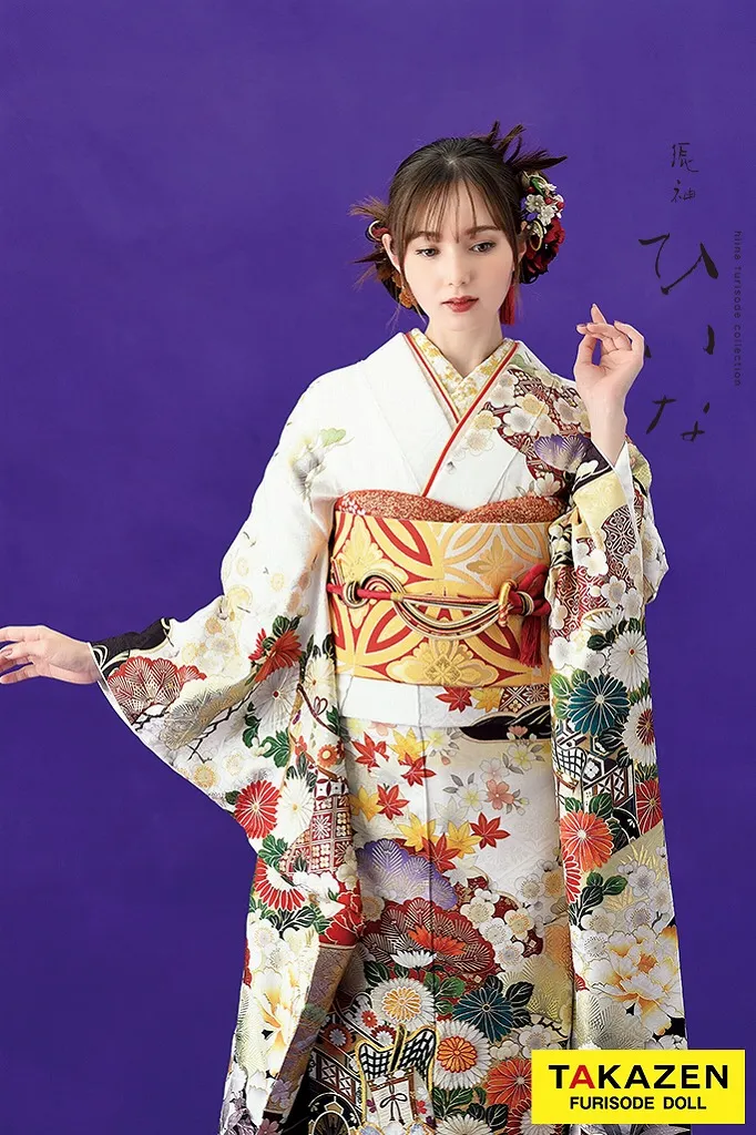 TAKAZENのレンタル振袖 正統派古典/ひいな　白　御所車に四季の花　王道　綺麗　清楚　品のある　マーシュ彩【通販可】K1151
