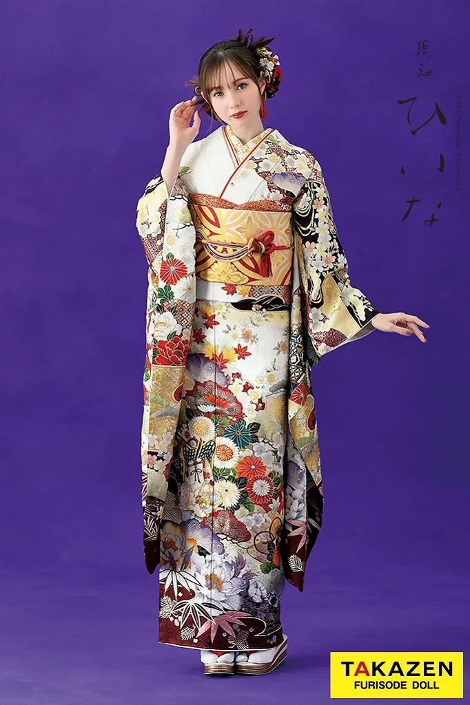 TAKAZENのレンタル振袖 正統派古典/ひいな　白　御所車に四季の花　王道　綺麗　清楚　品のある　マーシュ彩【通販可】K1151