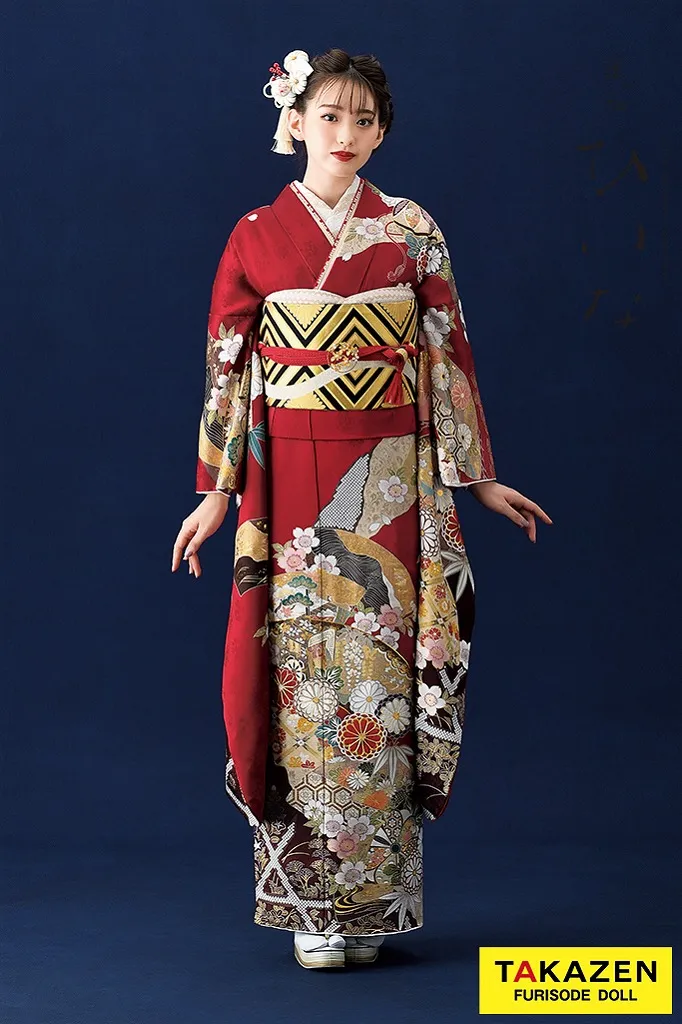 TAKAZENのレンタル振袖 正統派古典/ひいな　赤　地紙に菊桜散らし　王道　綺麗　清楚　おしとやか　柄小さめ【通販可】K1152