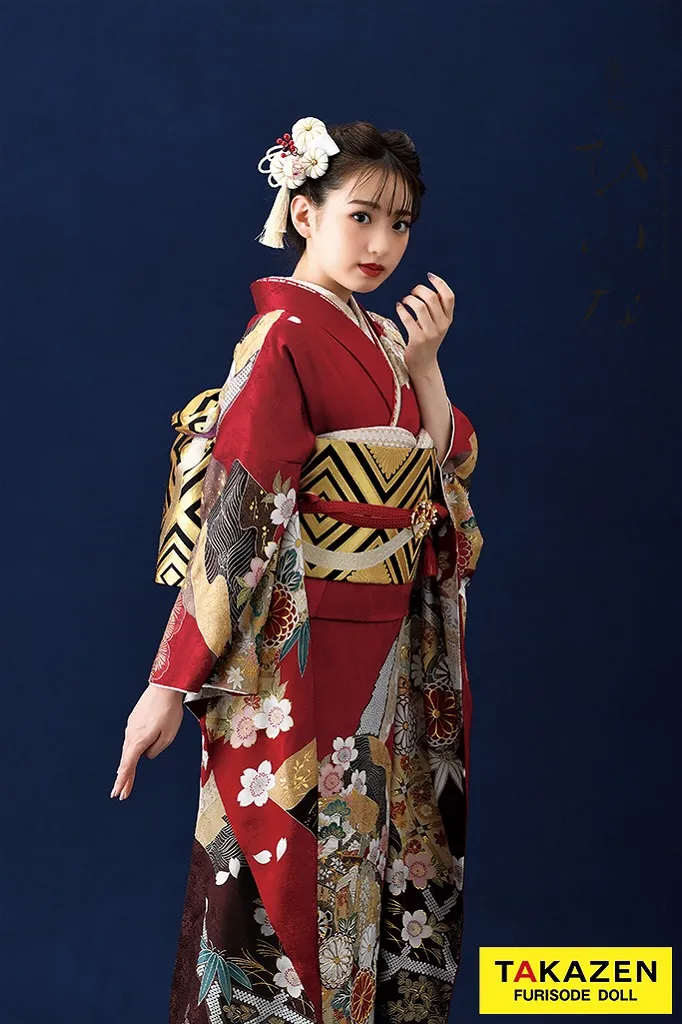 TAKAZENのレンタル振袖 正統派古典/ひいな　赤　地紙に菊桜散らし　王道　綺麗　清楚　おしとやか　柄小さめ【通販可】K1152