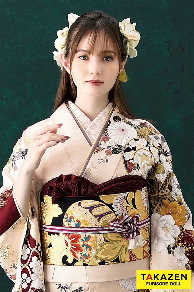 TAKAZENのレンタル振袖 正統派古典/ひいな　ピンクベージュ　牡丹に菊手毬鶴　くすみ系　今どき　綺麗　清楚　マーシュ彩【通販可】K1154