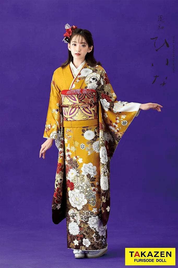 TAKAZENのレンタル振袖 正統派古典/ひいな　からし　牡丹に菊手毬鶴　今どき　綺麗　清楚　モダン【通販可】K1155