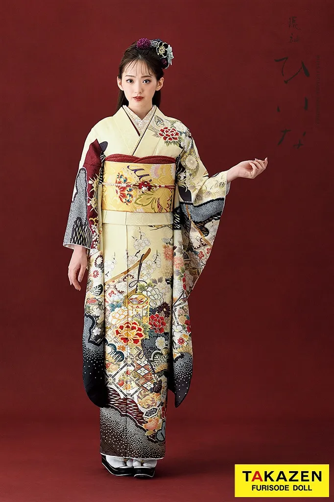 TAKAZENのレンタル振袖 正統派古典/ひいな　クリーム　牡丹に菊手毬鶴　かわいらしい　綺麗　清楚　上品　おしとやか【通販可】K1156