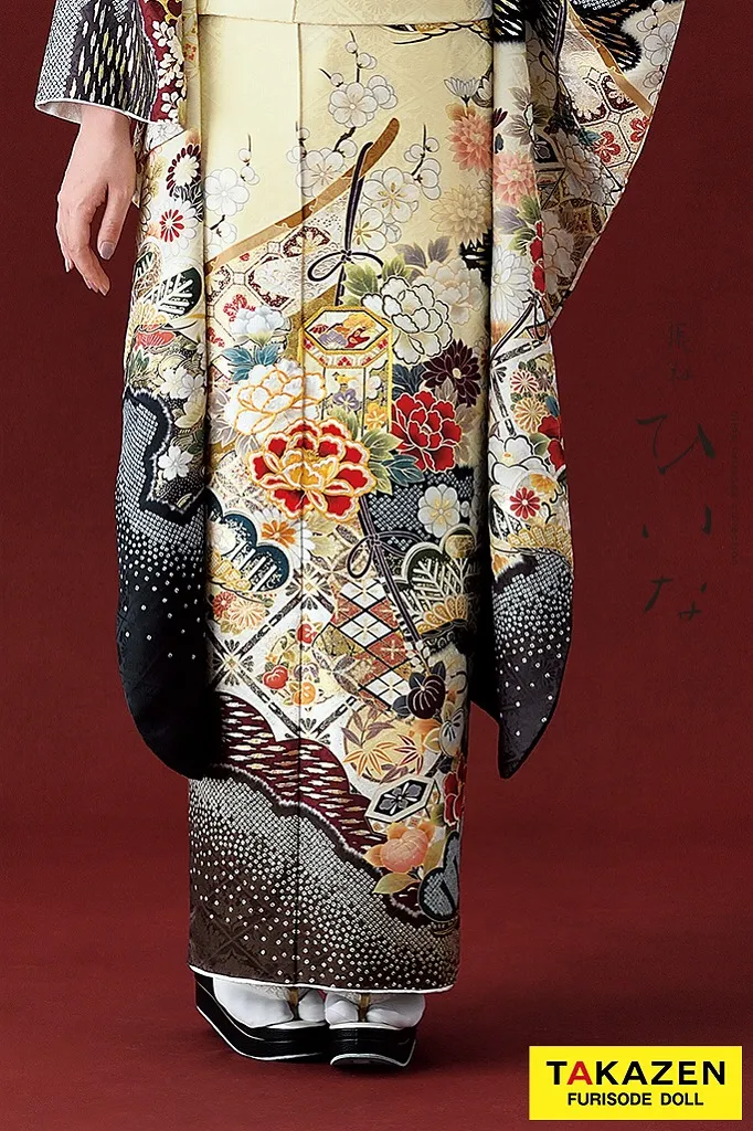 TAKAZENのレンタル振袖 正統派古典/ひいな　クリーム　牡丹に菊手毬鶴　かわいらしい　綺麗　清楚　上品　おしとやか【通販可】K1156