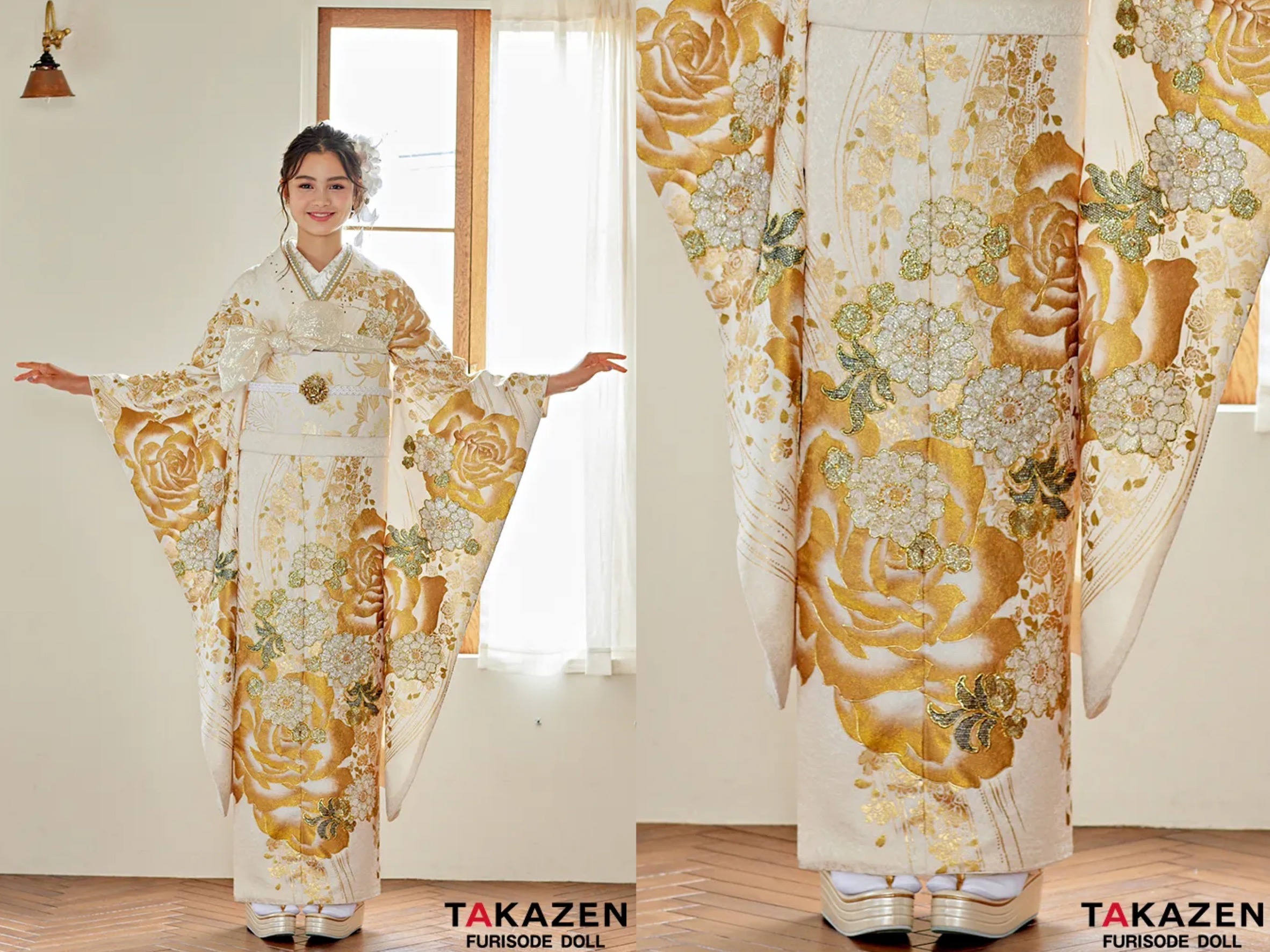 振袖　レンタル　奈良　帯　可愛い　アレンジ　華やか　綺麗 　ヘップバーン　白/ゴールド　レース素材バラ柄　セレブ　高級エレガント振袖　人気　キラキラスワロフスキー付き　ブリッジマン遊七