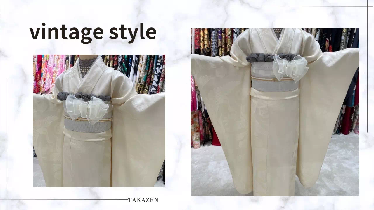 TAKAZEN神戸店 ヴィンテージスタイル 白無地 前撮り撮影会 イマドキ カワイイ コディネート 振袖 レンタル 袴
