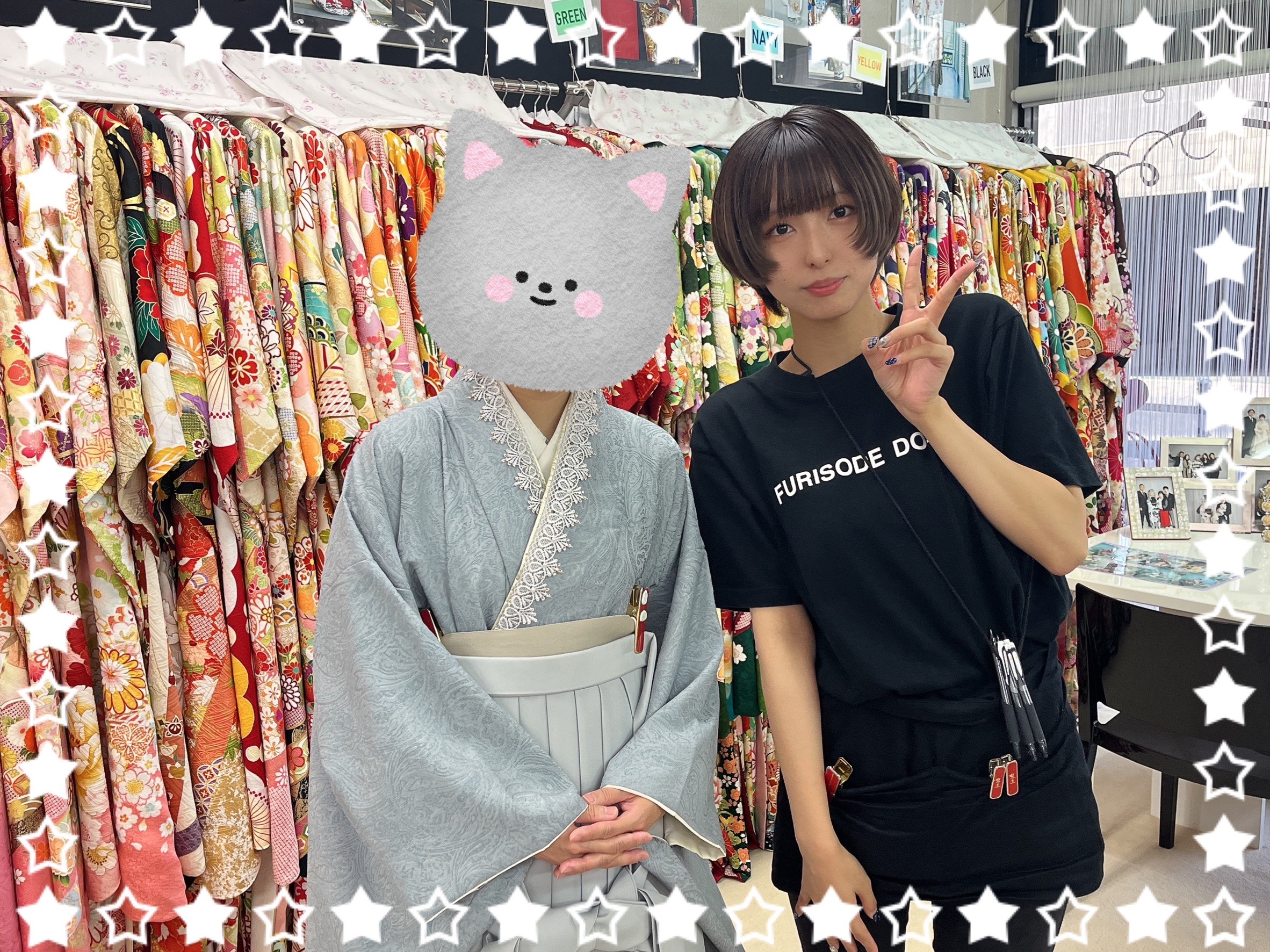 袴 前撮り撮影会 可愛い おしゃれ 奈良 くすみカラーガーリー くすみブルー/水色/淡い色 ペイズリー柄無地 レースインナーコーデ 立体花