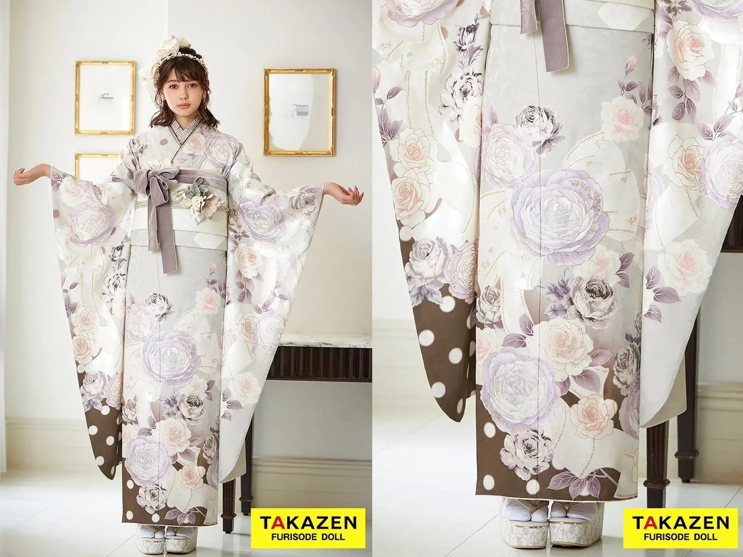 振袖 レンタル 奈良 振袖安い ヘップバーン グレー/紫/ニュアンスカラー バラ柄/リボン柄 エレガント スワロフスキー付き 洋風振袖 村上愛花