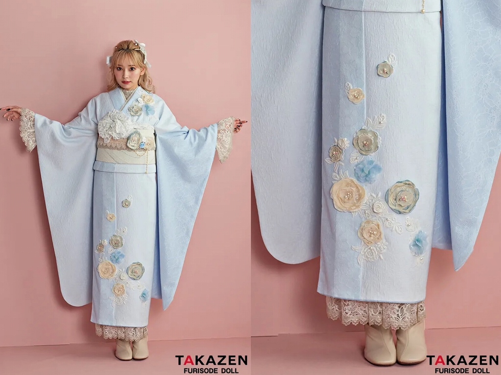 振袖　レンタル　奈良　帯　可愛い　アレンジ　華やか　綺麗 ニューヘップバーン“ミニョン”(かわいい)　ブルー(水色)　立体花　フレンチガーリー　おしゃれな　レースインナー/ブーツコーデ　ぴょな