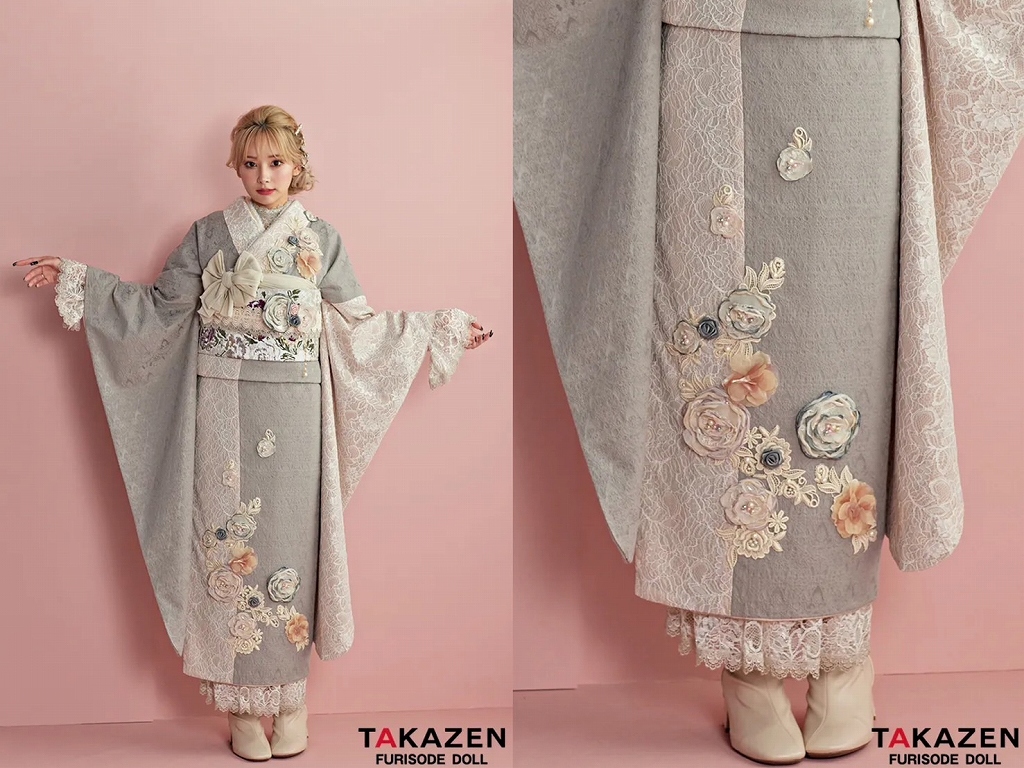 振袖　レンタル　奈良　ヘップバーン“ミニョン”(かわいい)　グレー/ニュアンスカラー　立体花　フレンチレトロ　おしゃれ　レースインナー/ブーツコーデ　ぴょな