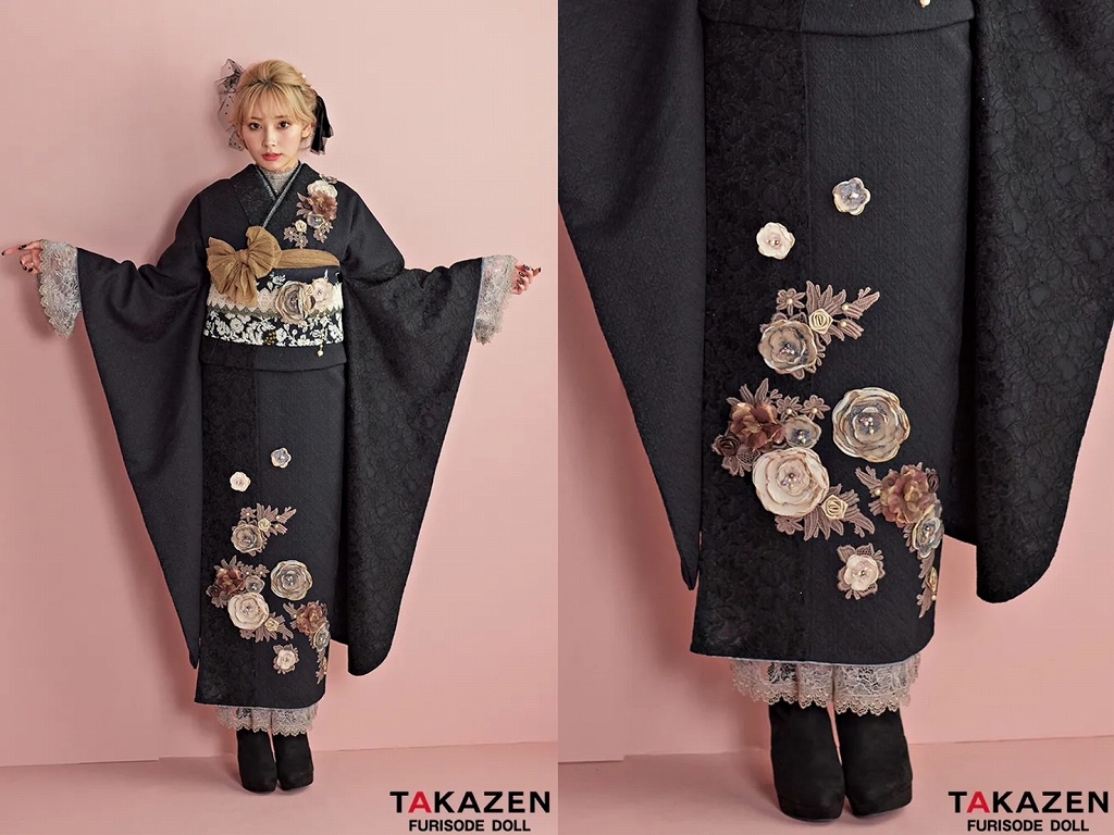 振袖 レンタル 奈良 帯 可愛い アレンジ 華やか 綺麗 ヘップバーン“ミニョン”(かわいい) 黒 立体花 フレンチレトロ おしゃれな ガーリー レースインナー/ブーツコーデ ぴょな