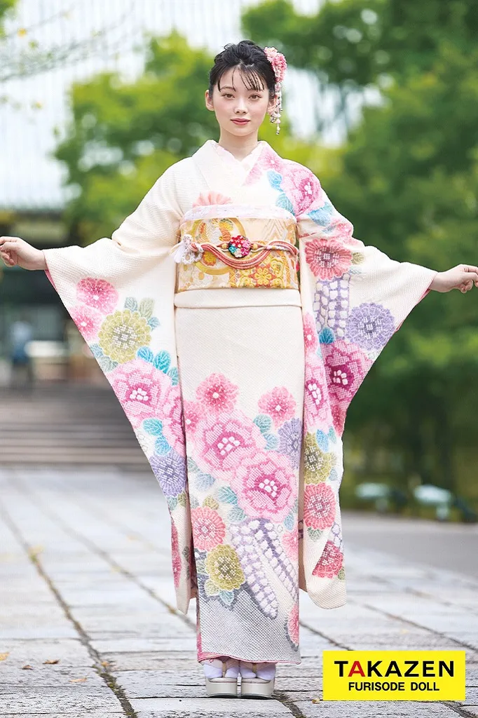 TAKAZENのレンタル振袖 高級古典振袖　藤娘きぬたや・総絞り　白/ピンク　上品　綺麗　かわいい　南琴奈【通販可】22002