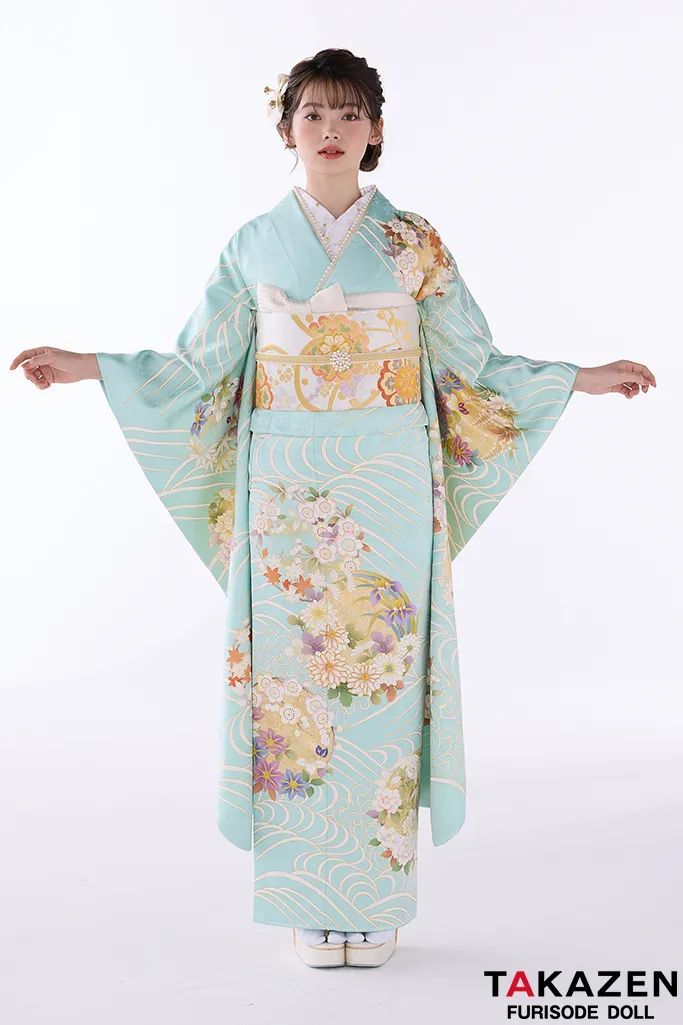 TAKAZENのレンタル振袖 プレミアム古典　吉澤織物/最高級金彩手描友禅　水色　さわやか　綺麗　透明感のある振袖　高級古典　南琴奈【通販可】23022