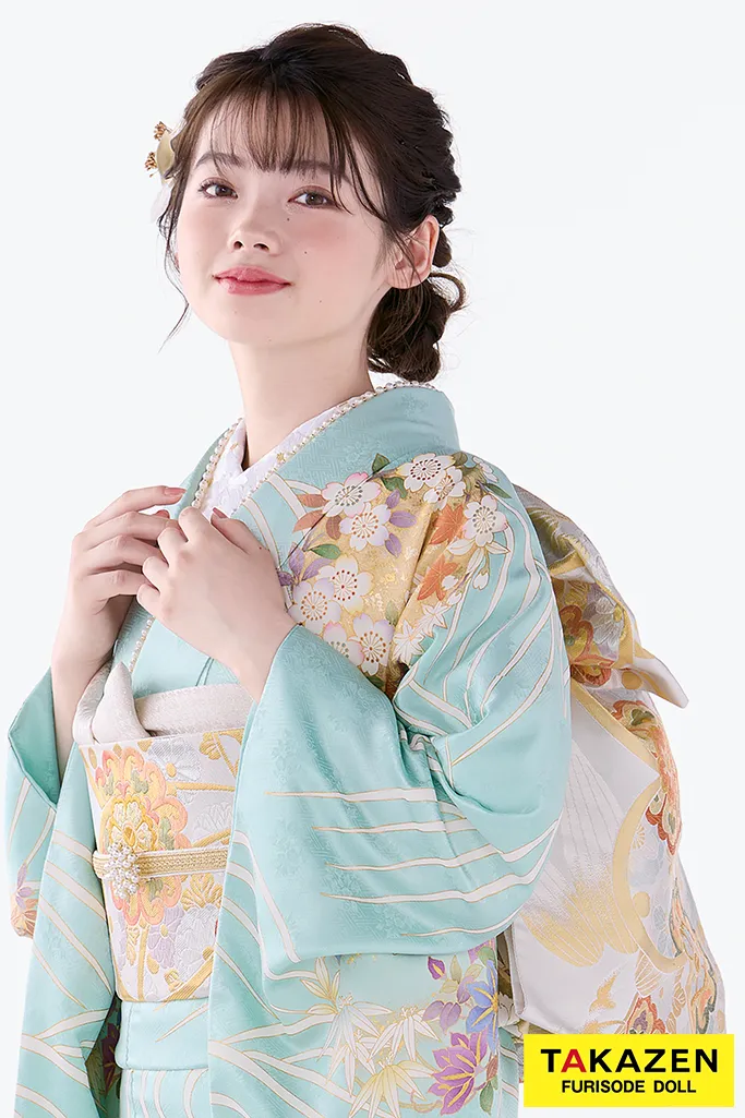 TAKAZENのレンタル振袖 プレミアム古典　吉澤織物/最高級金彩手描友禅　水色　さわやか　綺麗　透明感のある振袖　高級古典　南琴奈【通販可】23022