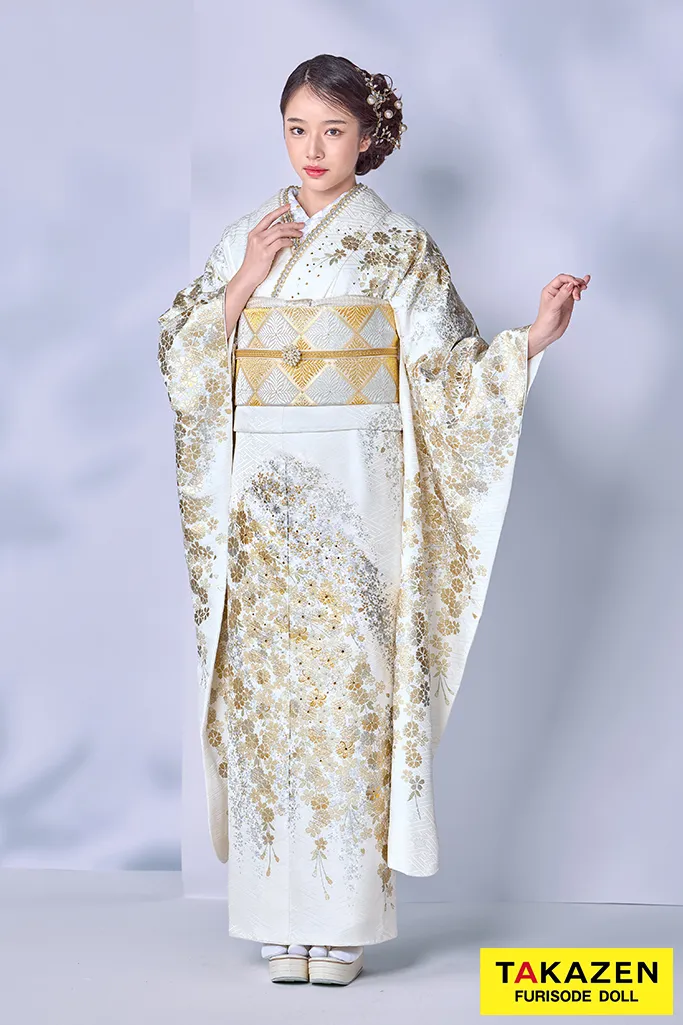 TAKAZENのレンタル振袖 最高級古典柄振袖　関芳/最高級金駒金彩刺繍友禅　白/金　桜柄　キラキラ　上品　正絹　スワロフスキー付き　透明感のある　天翔天音【通販可】24039