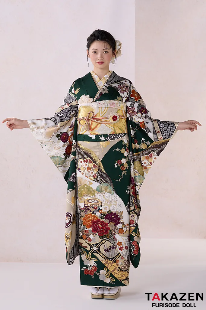 TAKAZENのレンタル振袖 正統派古典　緑　牡丹柄/貝桶柄　金彩金駒刺繍京友禅　おしとやか　綺麗　清楚　品のある振袖　南琴奈【通販可】26018