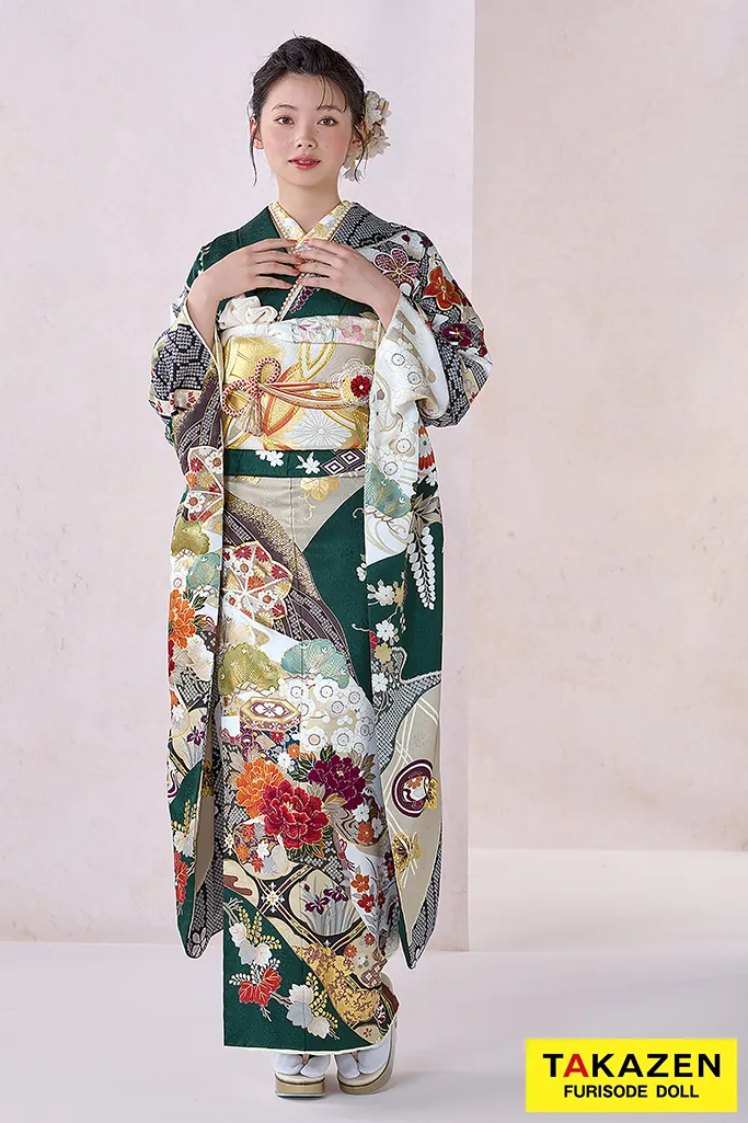 TAKAZENのレンタル振袖 正統派古典　緑　牡丹柄/貝桶柄　金彩金駒刺繍京友禅　おしとやか　綺麗　清楚　品のある振袖　南琴奈【通販可】26018