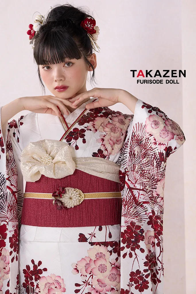 TAKAZENのレンタル振袖 正統派古典　華徒然×吉木千沙都　白/赤　牡丹柄　TAKAZENオリジナルカラー　綺麗　お洒落　大人っぽい　南琴奈【通販可】26019