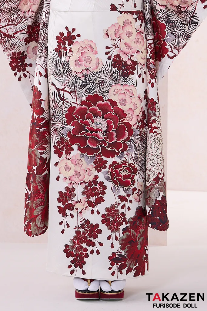TAKAZENのレンタル振袖 正統派古典　華徒然×吉木千沙都　白/赤　牡丹柄　TAKAZENオリジナルカラー　綺麗　お洒落　大人っぽい　南琴奈【通販可】26019