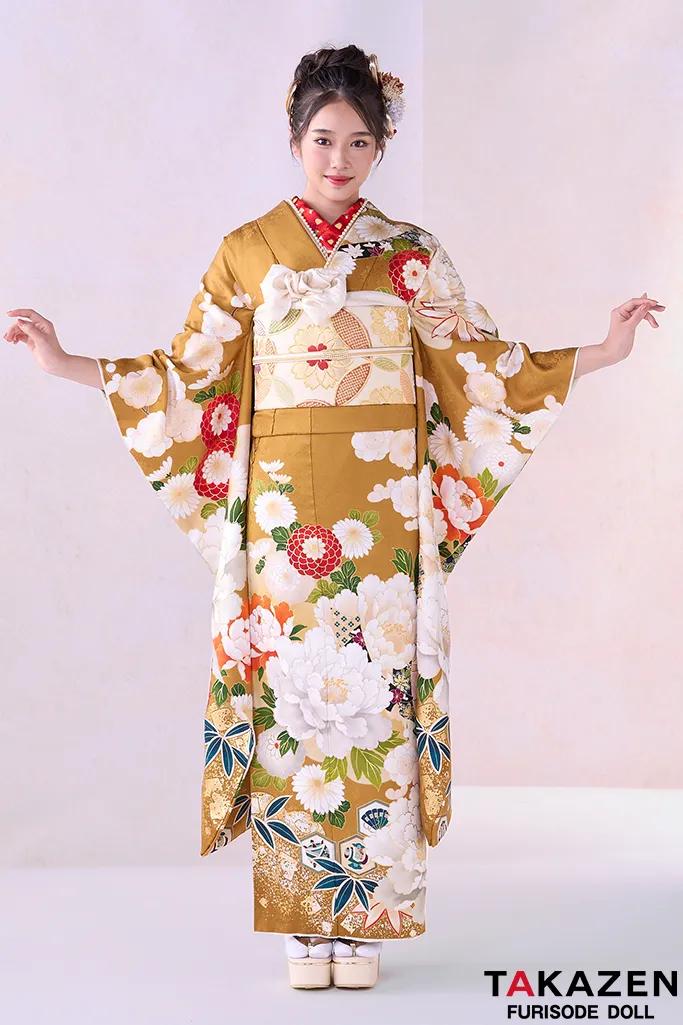 TAKAZENのレンタル振袖 正統派古典　からし/マスタード　牡丹柄/大柄　トレンド　上品　綺麗　高身長さんにおすすめ　天翔天音【通販可】26021
