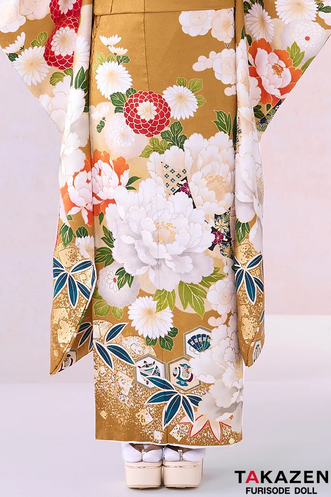 TAKAZENのレンタル振袖 正統派古典　からし/マスタード　牡丹柄/大柄　トレンド　上品　綺麗　高身長さんにおすすめ　天翔天音【通販可】26021