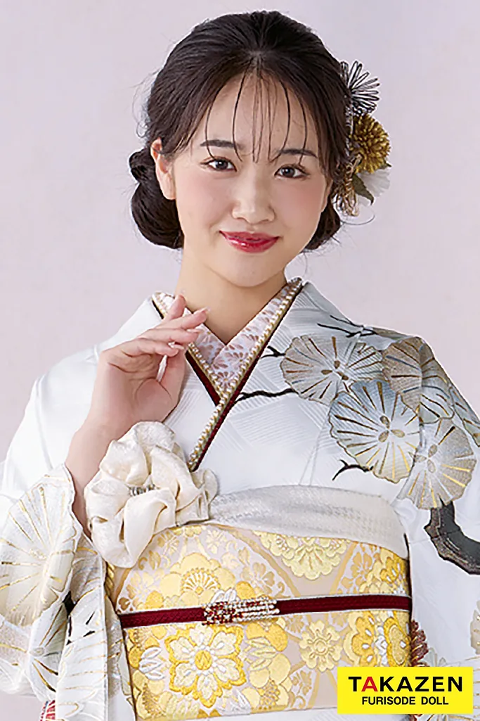 TAKAZENのレンタル振袖 正統派古典　白地/赤　鶴柄/波模様　清楚　おめでたい　きれい　大人っぽい振袖　上品　天翔愛【通販可】26022