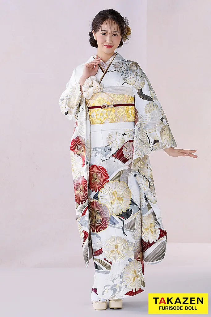 TAKAZENのレンタル振袖 正統派古典　白地/赤　鶴柄/波模様　清楚　おめでたい　きれい　大人っぽい振袖　上品　天翔愛【通販可】26022