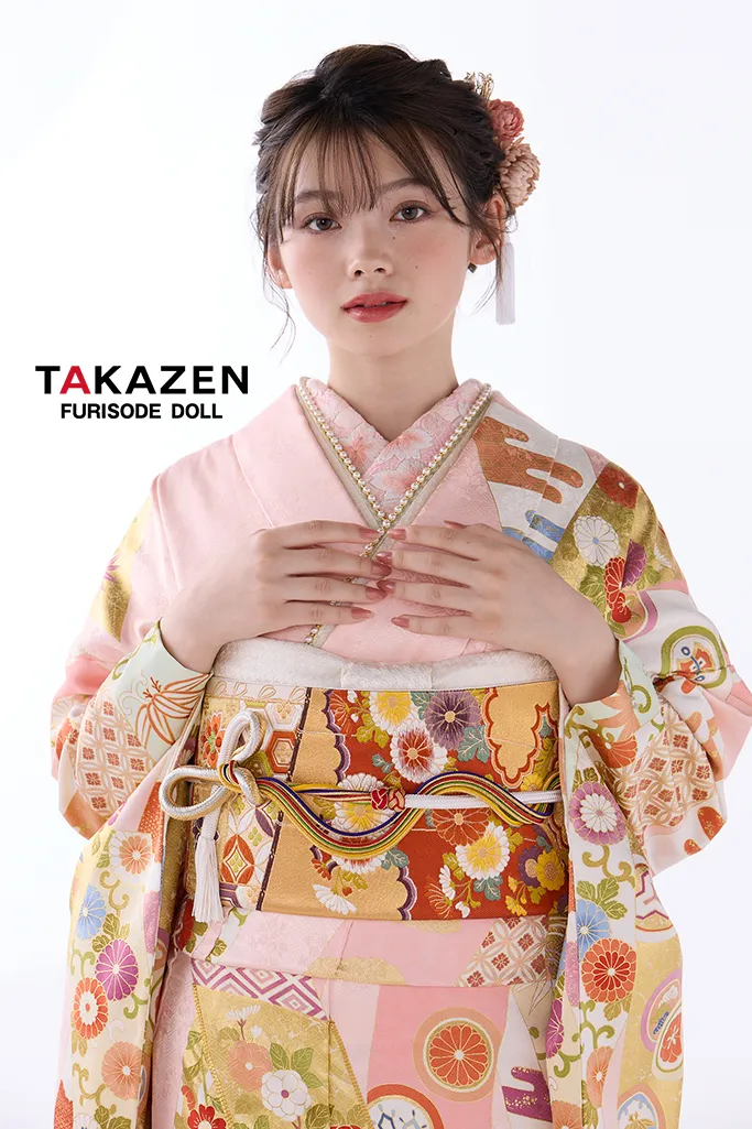 TAKAZENのレンタル振袖 高級古典　吉澤織物　ピンク　熨斗柄/最高級手描き友禅　かわいい　上品　はんなり　着物　南琴奈【通販可】26025