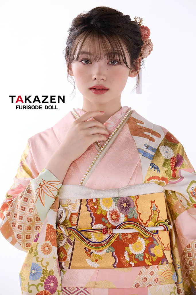 TAKAZENのレンタル振袖 高級古典　吉澤織物　ピンク　熨斗柄/最高級手描き友禅　かわいい　上品　はんなり　着物　南琴奈【通販可】26025