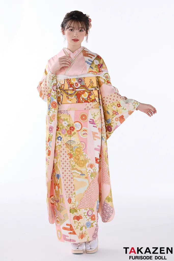 TAKAZENのレンタル振袖 高級古典　吉澤織物　ピンク　熨斗柄/最高級手描き友禅　かわいい　上品　はんなり　着物　南琴奈【通販可】26025