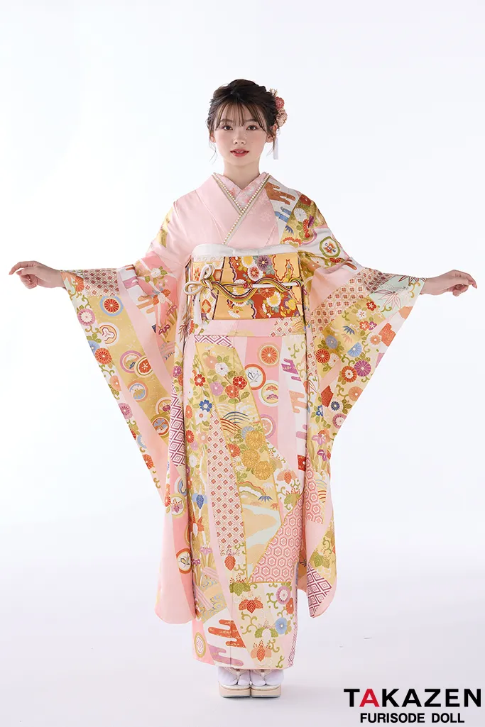 TAKAZENのレンタル振袖 高級古典　吉澤織物　ピンク　熨斗柄/最高級手描き友禅　かわいい　上品　はんなり　着物　南琴奈【通販可】26025