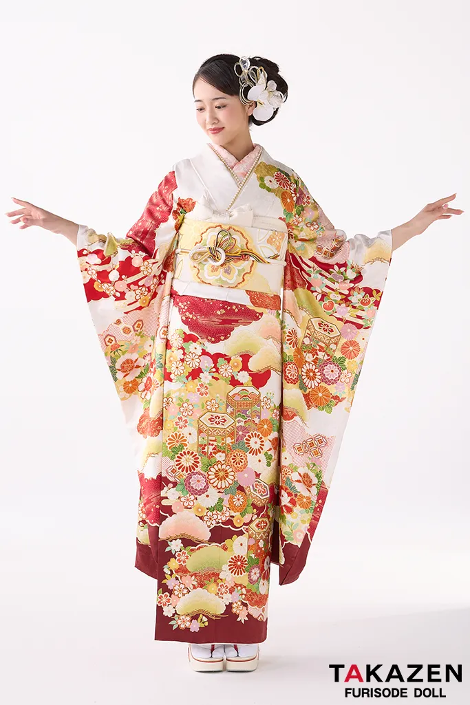 TAKAZENのレンタル振袖 プレミアム古典　吉澤織物/最高級金彩手描友禅　白/赤　おしとやか　綺麗　人間国宝・吉田蓑助の世界　天翔愛【通販可】26026