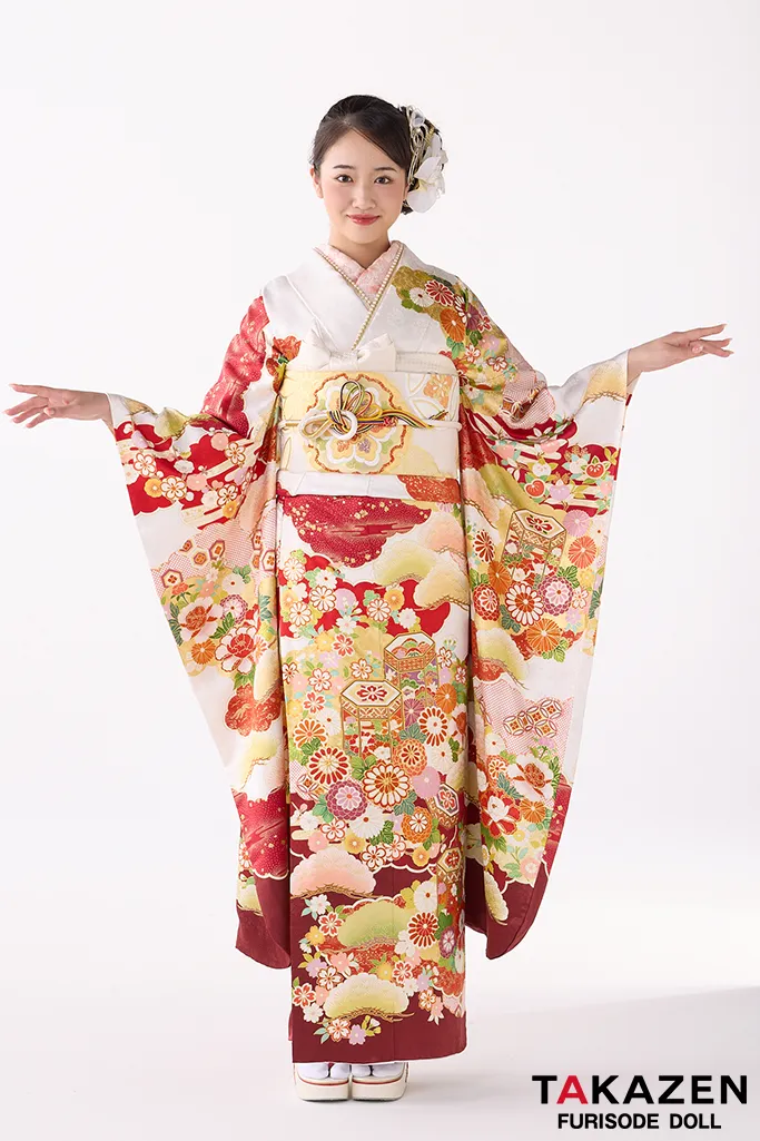 TAKAZENのレンタル振袖 プレミアム古典　吉澤織物/最高級金彩手描友禅　白/赤　おしとやか　綺麗　人間国宝・吉田蓑助の世界　天翔愛【通販可】26026