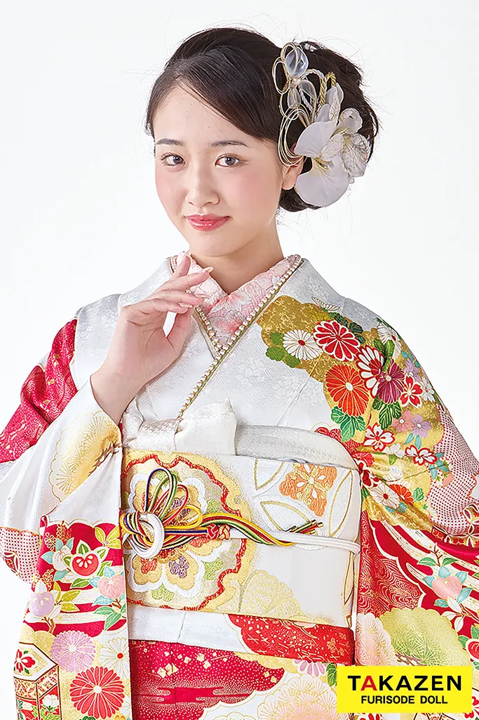TAKAZENのレンタル振袖 プレミアム古典　吉澤織物/最高級金彩手描友禅　白/赤　おしとやか　綺麗　人間国宝・吉田蓑助の世界　天翔愛【通販可】26026